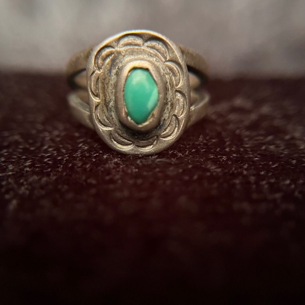 Vintage Silver Green Blue Turquoise Ring Size 6  Stamped Design